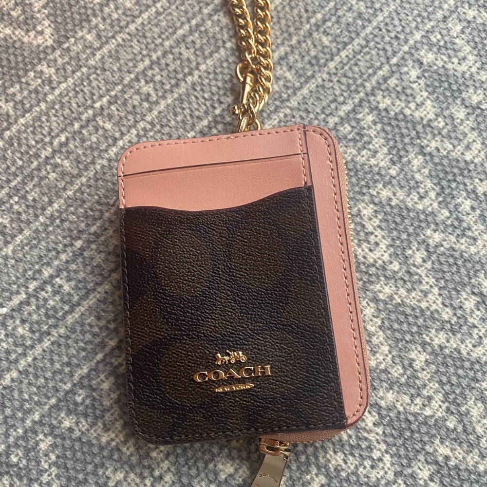 Coach brown and pink wristlet with gold chain